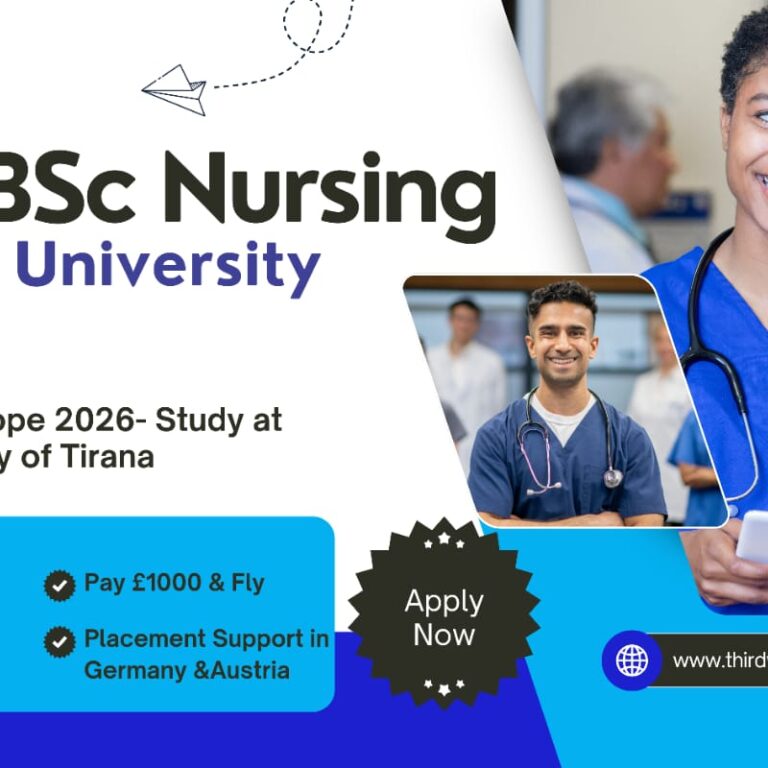 BSc Nursing in European University of Tirana 2026 banner with study abroad guidance by Thirdwave Overseas Education